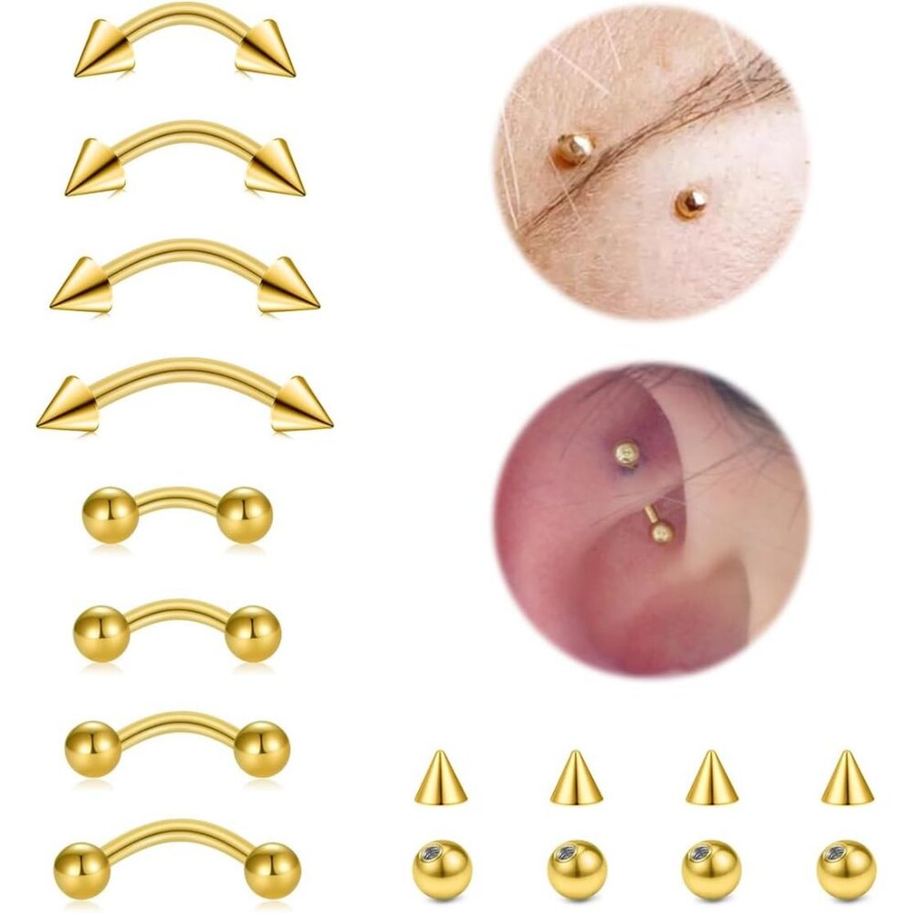 MultiPiercing Gold Eyebrow  Lip Jewelry  16g Curved Barbell Kit For Women